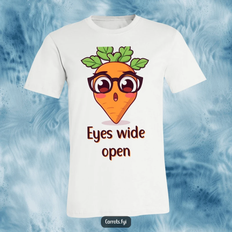 Funny t-shirt showcasing a carrot character with comically huge, wide-open earthy eyes, embodying a state of hilarious surprise.