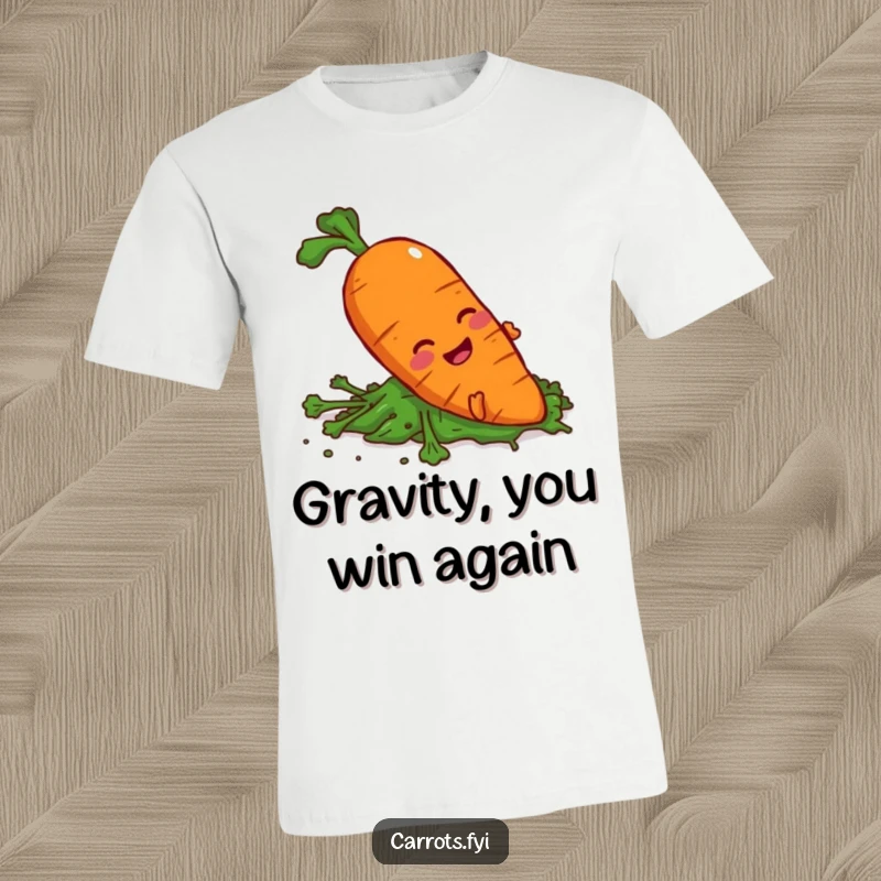 Funny carrot character comically slipping on greens wearing a t-shirt, illustrating slapstick humor.