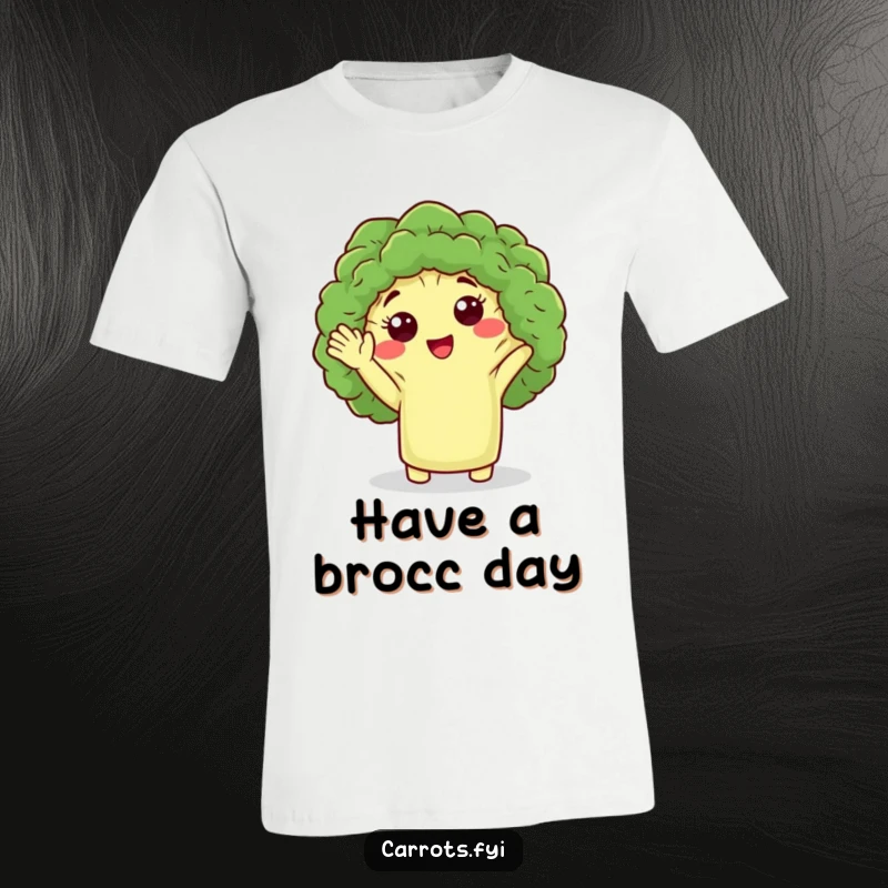Funny t-shirt featuring a cute broccoli floret character giving a friendly wave, ideal for fun and humorous apparel gifting.