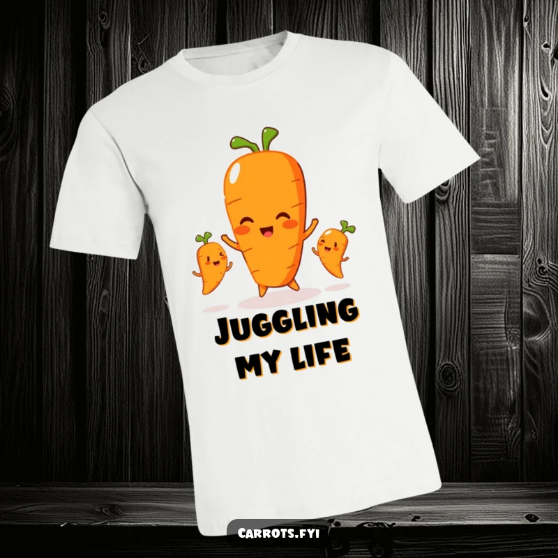 Funny t-shirt with a carrot character playfully juggling three smaller, smiling carrots, depicting skillful and humorous multitasking.