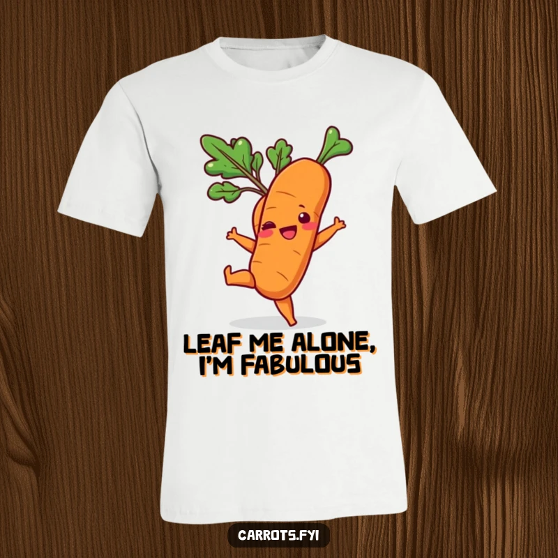 Funny t-shirt featuring a lively carrot doing a playful kick with its leafy green top, full of energy.