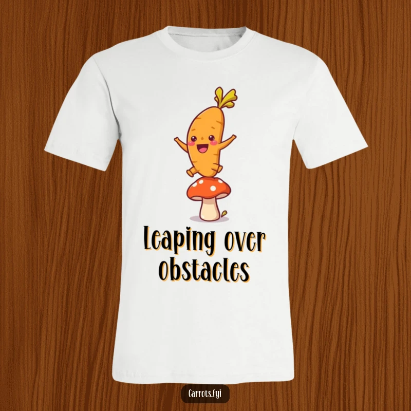 Funny t-shirt graphic of a single, ecstatic carrot character leaping with gusto over a small mushroom, embodying playful freedom and humor.