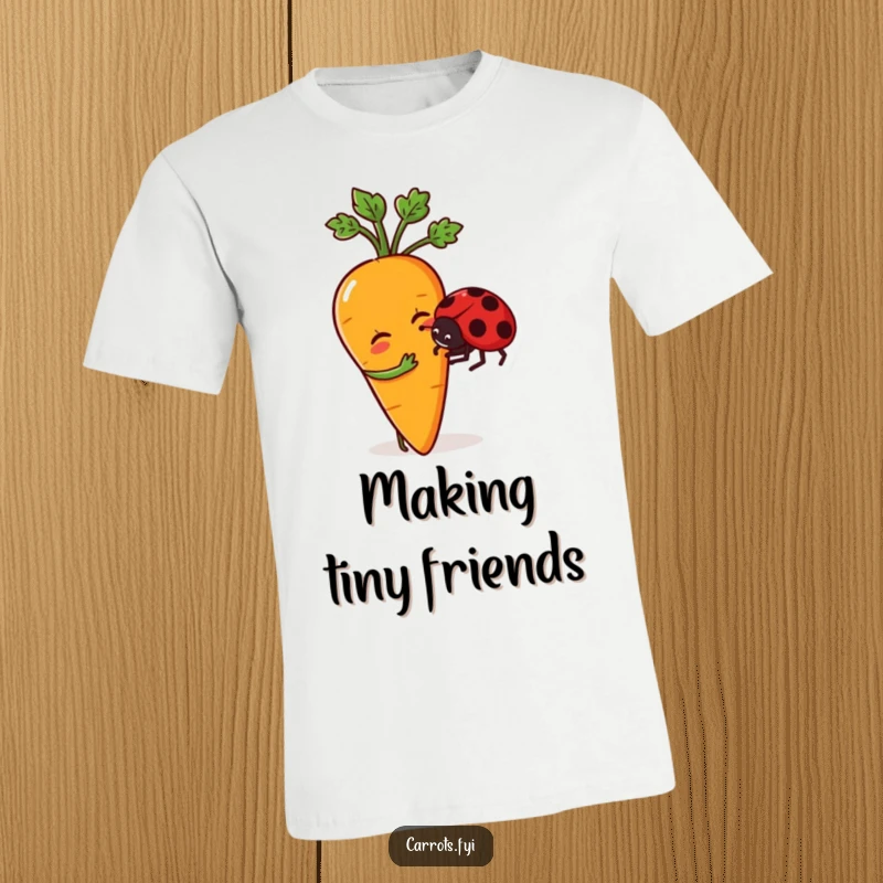 Funny t-shirt featuring an anthropomorphic carrot character gently nudging a friendly ladybug, symbolizing sweet interactions and lighthearted fun.