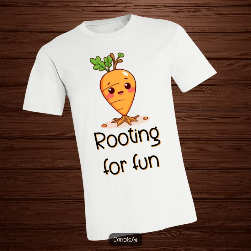 Funny t-shirt featuring a happy carrot character with small, delicate roots emerging from its base.