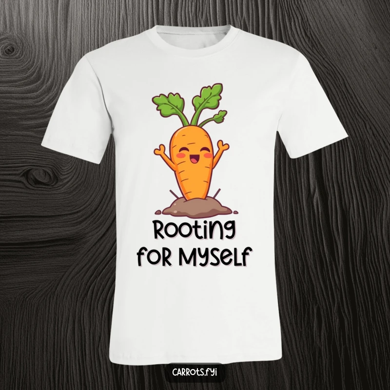 Funny carrot t-shirt with a determined carrot character bursting triumphantly from the earth, radiating pure joy and accomplishment.