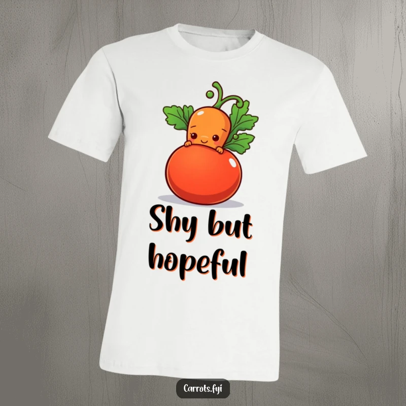 Funny t-shirt with a shy carrot character peeking from behind a plump tomato with a hopeful smile, showcasing gentle and sweet nature.