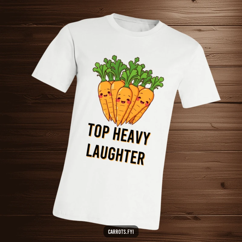 Funny t-shirt graphic of multiple carrot characters giggling joyfully, their leafy tops wiggling with infectious mirth and pure delight.