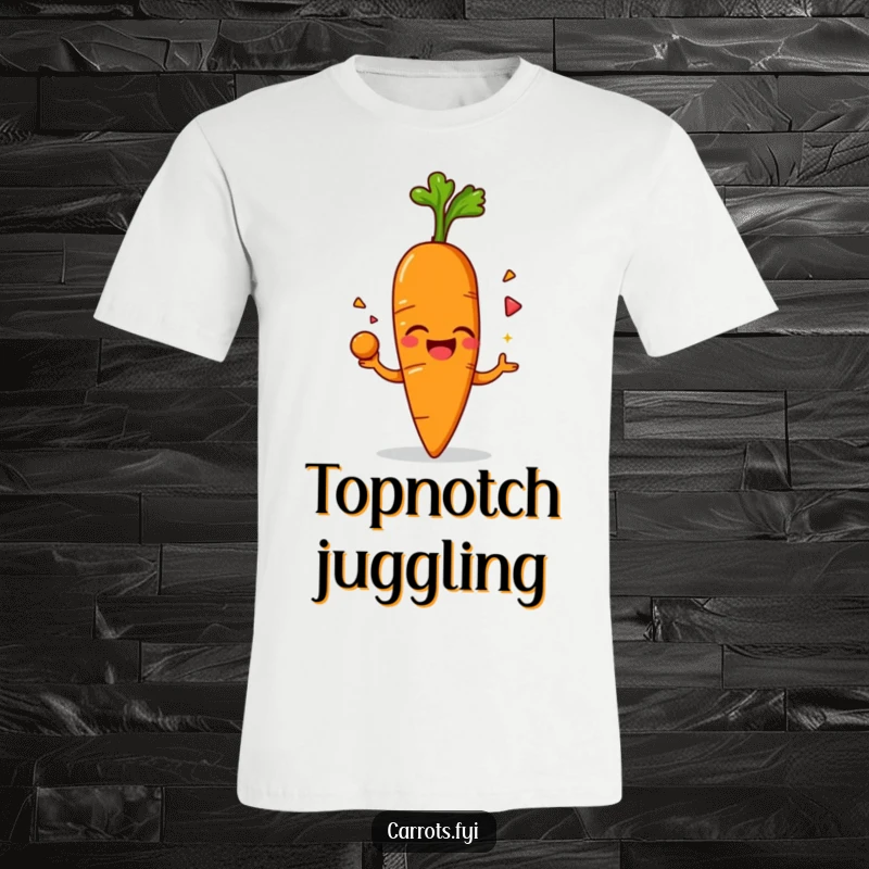 Funny t-shirt featuring an anthropomorphic carrot character giggling hysterically while masterfully juggling its leafy green top, radiating pure amusement.