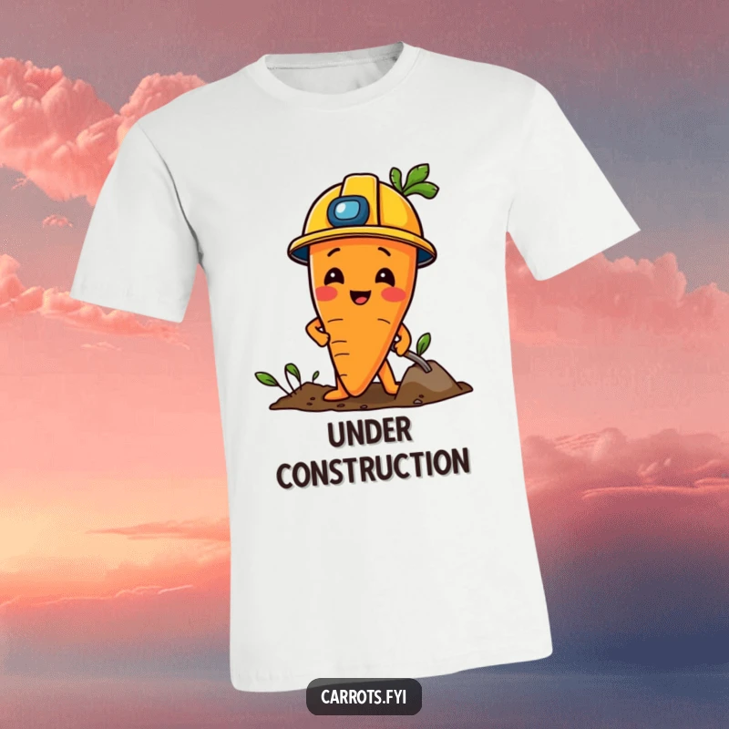 Funny Carrot T-Shirt: A carrot wearing a construction helmet, playfully digging in the dirt with a cheerful expression.