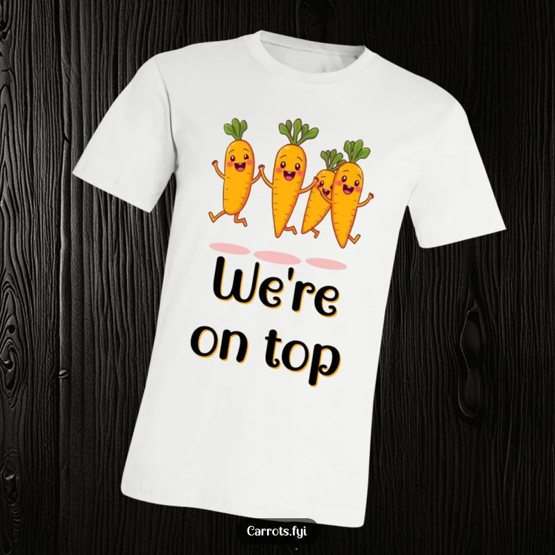 Funny t-shirt featuring a group of cheerful carrot characters frozen in a synchronized mid-air jump, their wide smiles and leafy tops radiating fun.