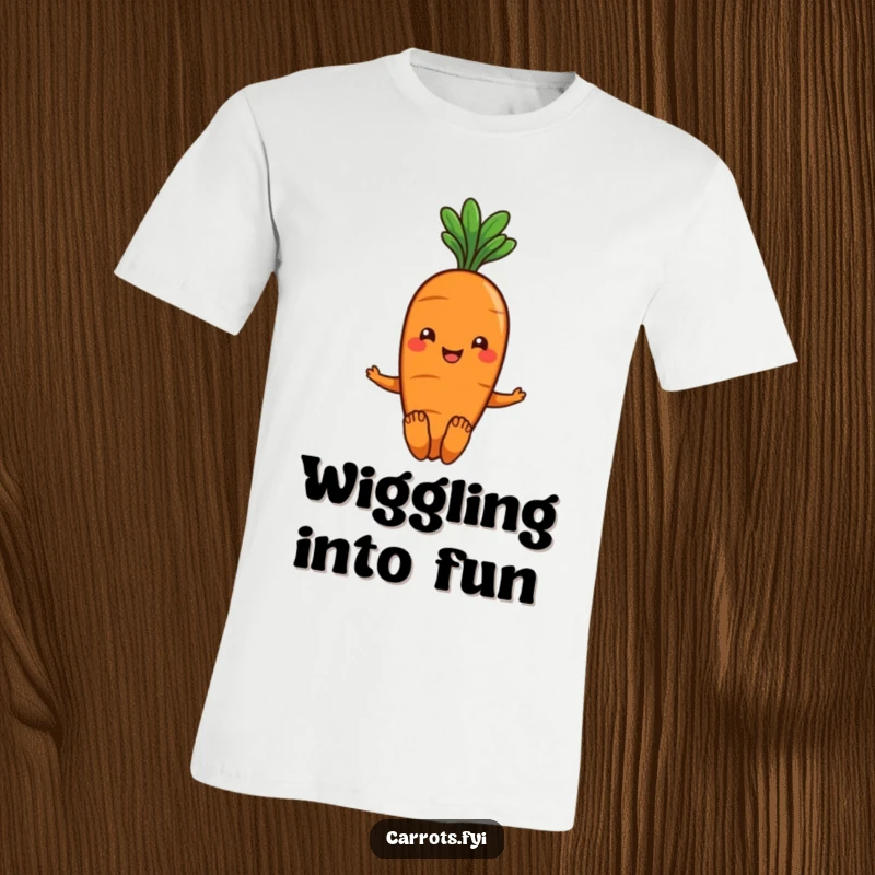 Funny smiling carrot t-shirt with green leafy hair, captured wiggling its toes with pure, unadulterated glee.
