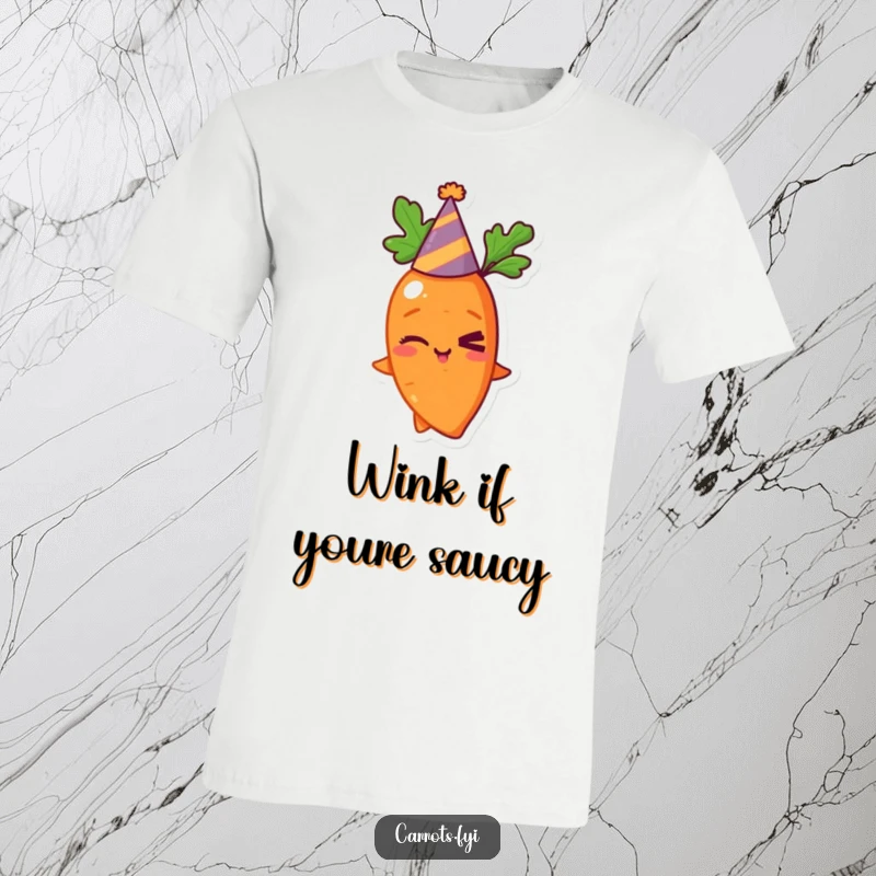 Funny t-shirt design of a mischievous carrot winking and wearing a tiny party hat, celebrating fun and lightheartedness.