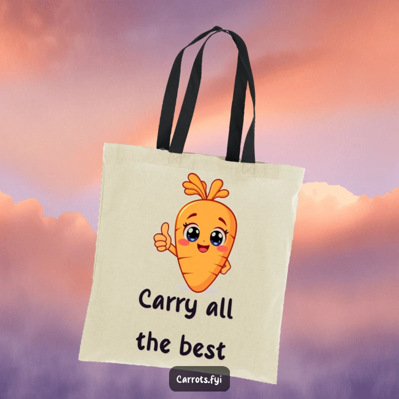 Funny happy carrot tote bag with big eyes, giving a thumbs up, a practical and smile-inducing accessory.