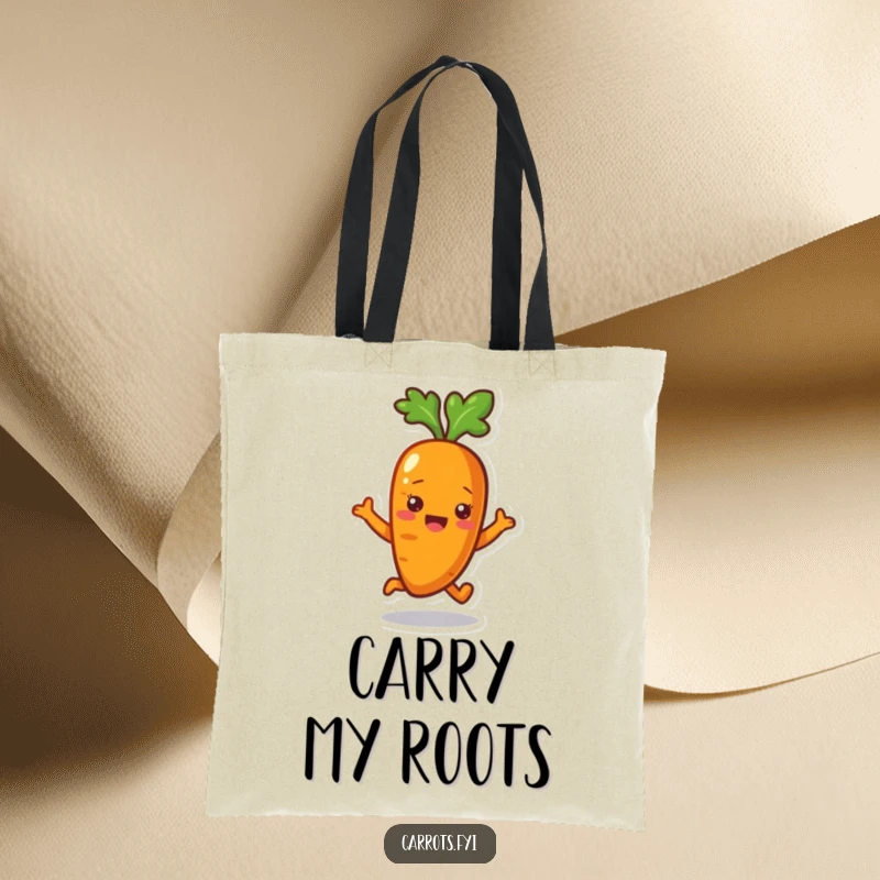 Funny Carrot Tote Bag: A practical tote featuring a happily bouncing carrot character, perfect for carrying items with joy.