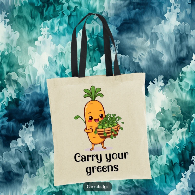 Funny tote bag illustrating a carrot character happily offering a basket of fresh sprouts, ideal for shopping and errands.