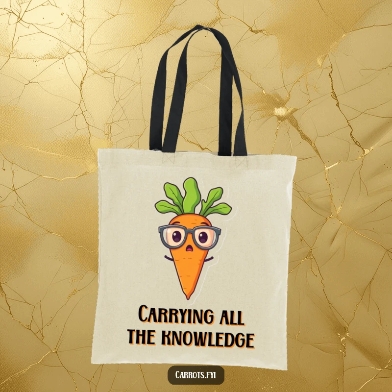 Funny tote bag depicting a surprised carrot wearing oversized spectacles, a humorous and eye-catching design.