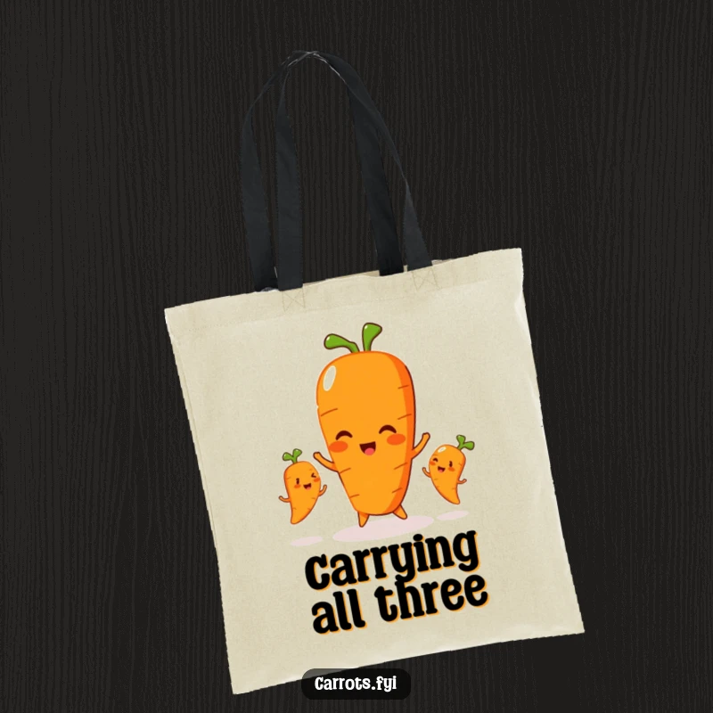 Funny tote bag with a carrot character playfully juggling three smaller, smiling carrots, great for moms and dads.