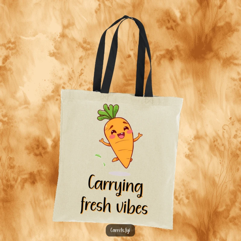 Funny tote bag with a happy carrot character with a wide grin bouncing playfully, leaving a trail of fresh scent, great for daily use.