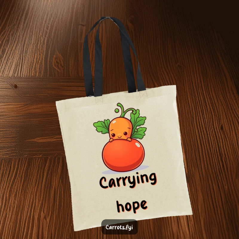 Funny tote bag with a shy carrot character peeking from behind a plump tomato with a hopeful smile, great for carrying daily items.