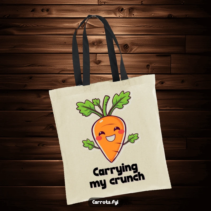Funny tote bag showcasing a carrot character with a massive, joyful smile, radiating pure crunchiness and good vibes.
