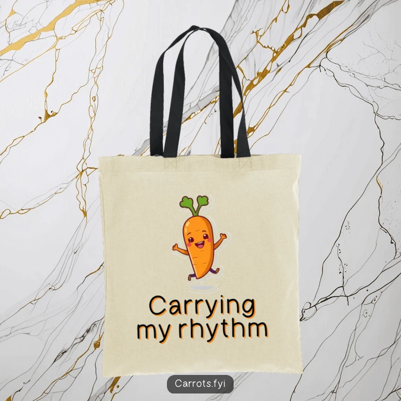 Funny tote bag depicting a lively carrot character grooving happily, ready to carry your belongings with a dose of humor.