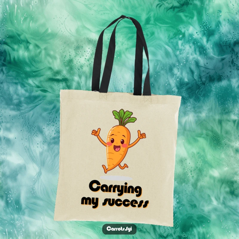 Funny tote bag depicting a whole carrot character victoriously striding, perfect for carrying groceries with a humorous, cheerful attitude.