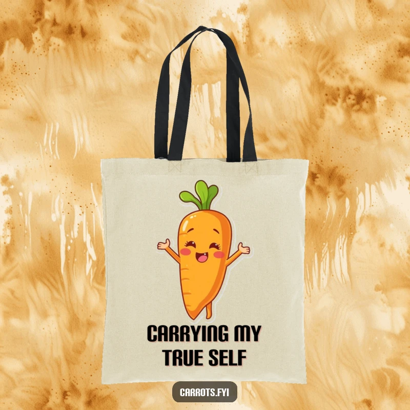 Funny tote bag featuring a carrot character happily peeling itself to expose a glowing, smiling inner surface.