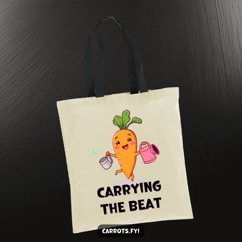 Funny tote bag illustrating a cheerful carrot character dancing with a watering can, perfect for carrying items with a dose of garden cheer.