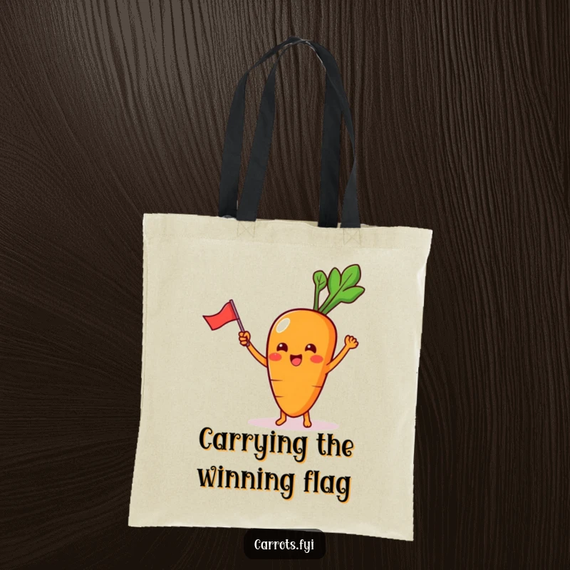 Funny Tote Bag with a kawaii carrot character, tiny feet showing, excitedly waving a miniature flag, a cheerful companion.