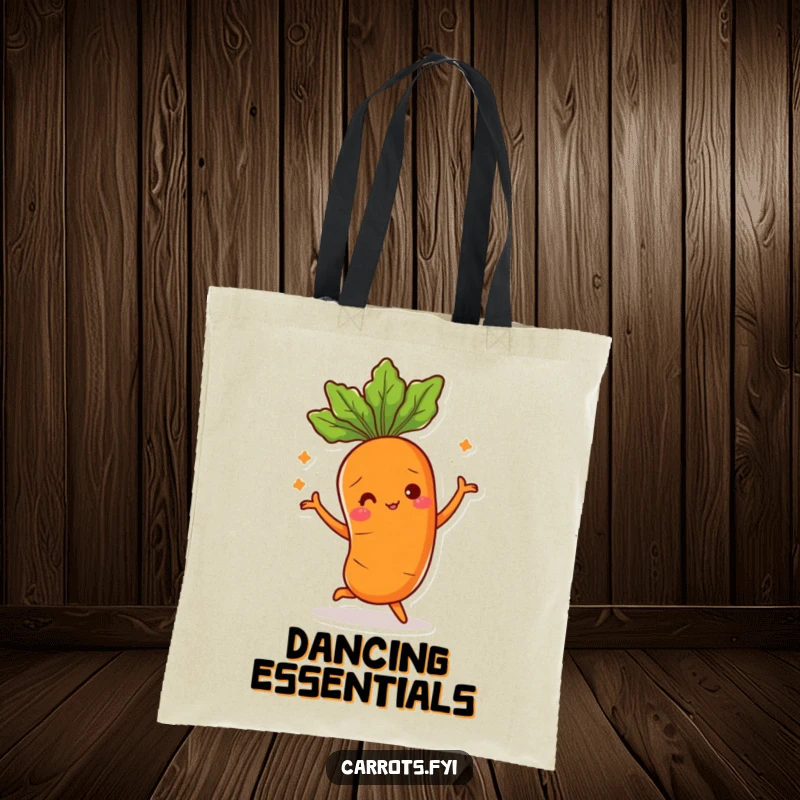 Funny tote bag illustrating a carrot character in a silly dance, its leafy top adding flair, ideal for carrying essentials.