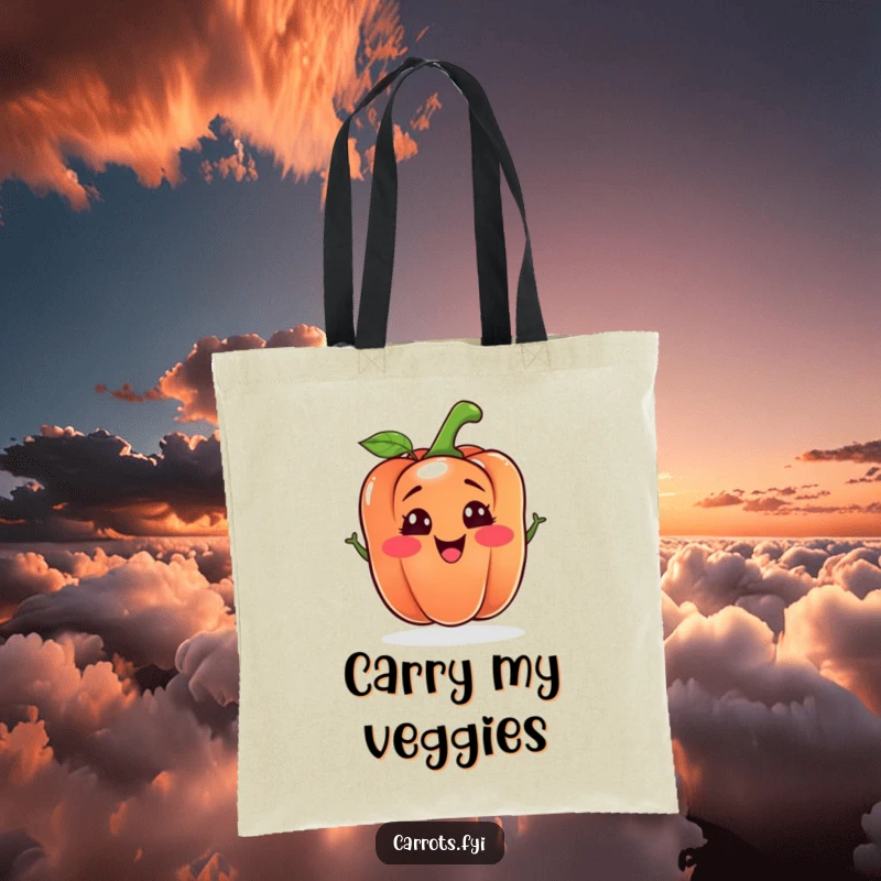 Funny bell pepper tote bag featuring a happy, expressive vegetable character with a hilarious silly face, ideal for carrying anything with style.