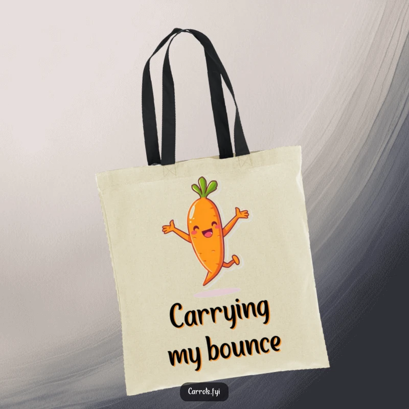 Funny tote bag displaying an anthropomorphic carrot character in a spontaneous, joyful jump, perfect for carrying daily items with a humorous touch.
