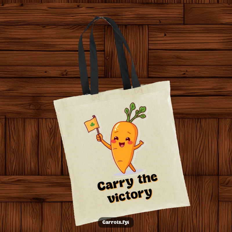 Funny carrot character waving a leafy flag on a tote bag, symbolizing enthusiastic support and everyday utility.