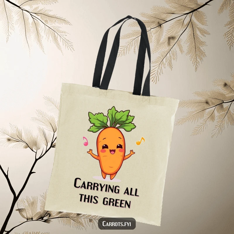 Funny tote bag featuring a happy carrot character juggling its leafy greens, a practical and humorous gardening accessory.