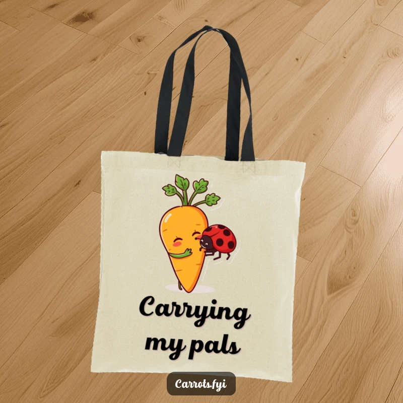 Funny tote bag featuring an anthropomorphic carrot character playfully nudging a friendly ladybug, perfect for carrying daily items with a smile.