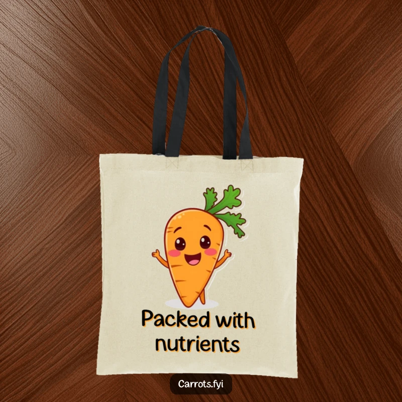Funny tote bag featuring an excited carrot character, ready for a healthy meal, perfect for carrying groceries with a laugh.
