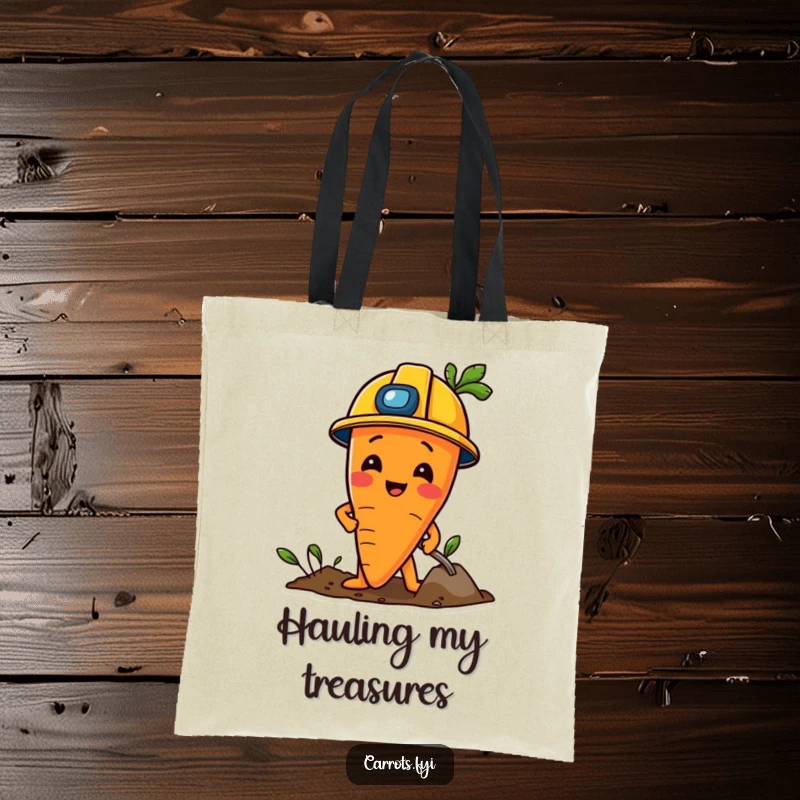 Funny Carrot Tote Bag: A tote bag with a carrot character wearing a construction helmet, digging playfully.