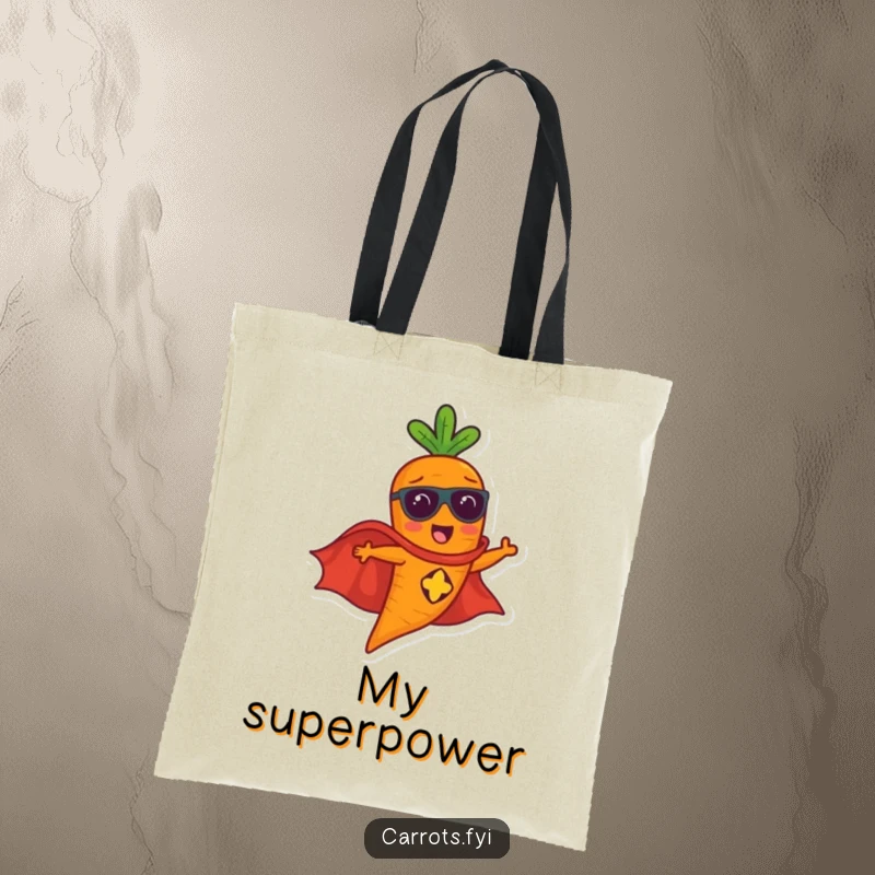 Funny carrot character in a superhero cape flying with speed, a humorous and practical tote bag.