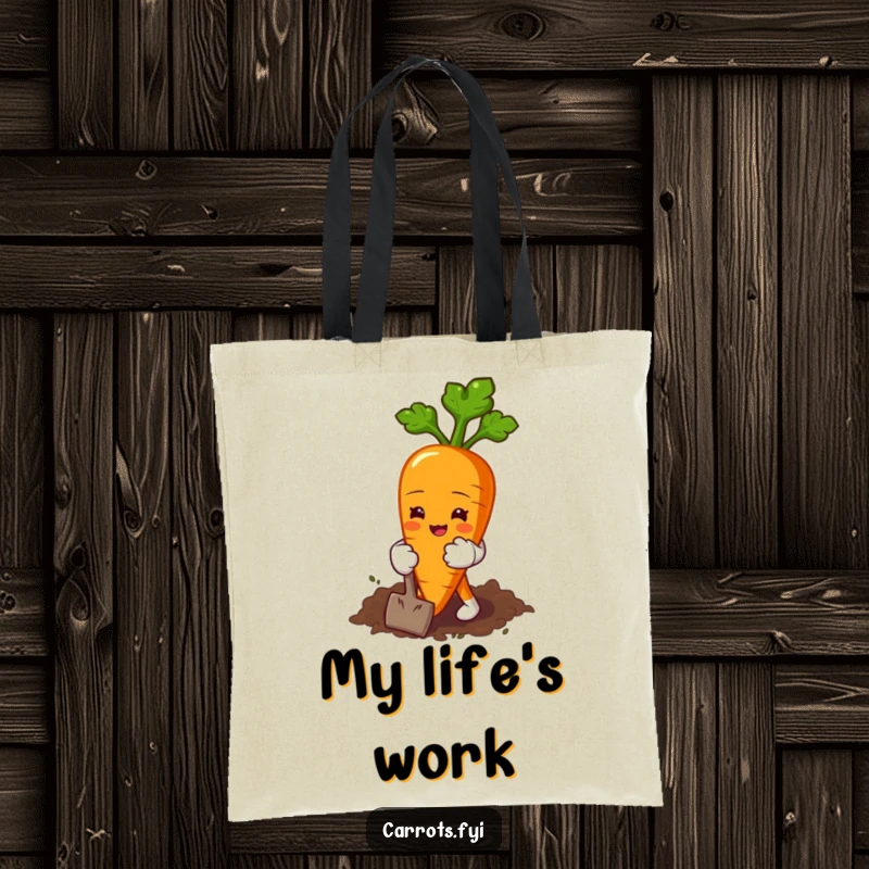 Funny tote bag showcasing a carrot character in tiny gloves, happily digging in the earth, ideal for garden supplies.