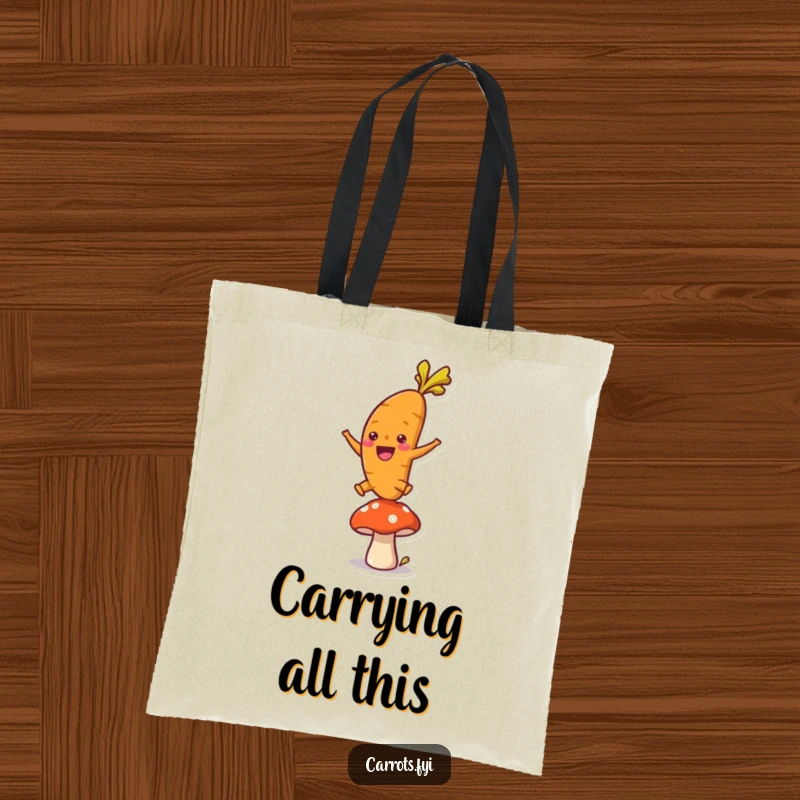 Funny tote bag illustrating a single, ecstatic carrot character leaping over a small mushroom, highlighting energetic movement and playful cheer.