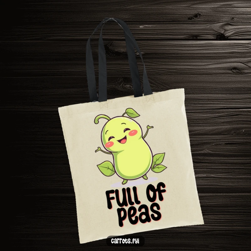 Funny tote bag showcasing a smiling pea pod character wiggling enthusiastically, perfect for carrying items humorously.