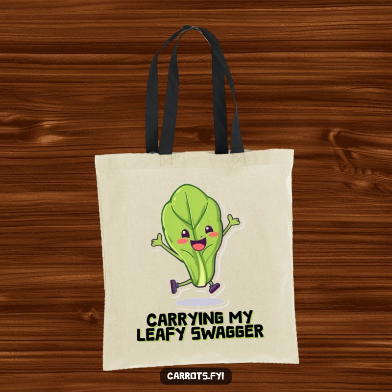 Funny spinach leaf tote bag featuring a character mid-stunt, perfect for carrying groceries with a side of laughter.