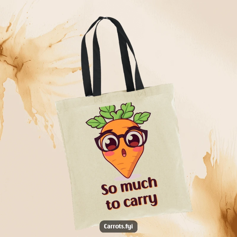 Funny tote bag illustrating a carrot character with comically wide, startled earthy eyes, perfect for carrying goodies and humor.