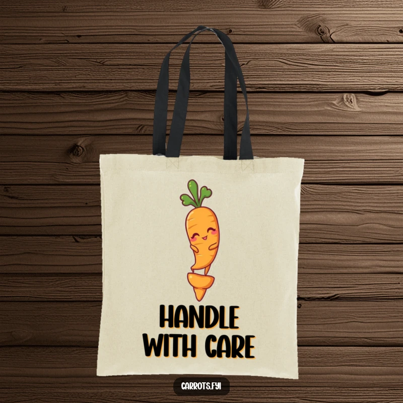 Funny tote bag design of a carrot winking and balancing effortlessly on the tiny tip of another carrot, a quirky accessory.