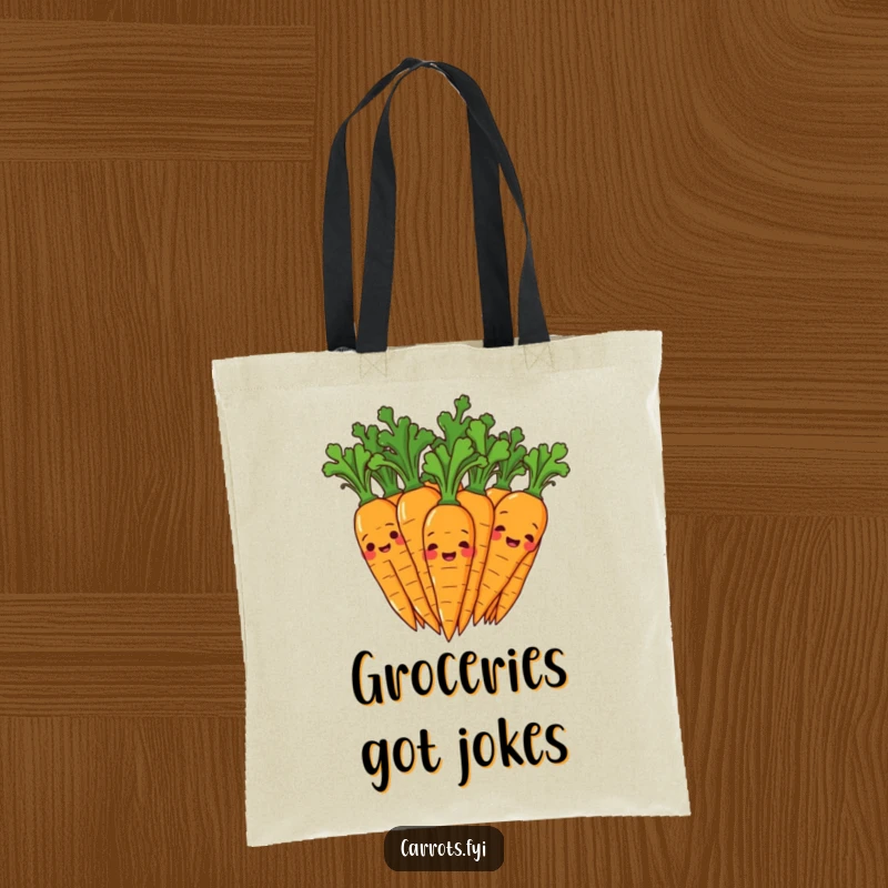 Funny tote bag illustrating a group of joyful carrot characters giggling, their leafy tops wiggling with mirth, making it a lively accessory.