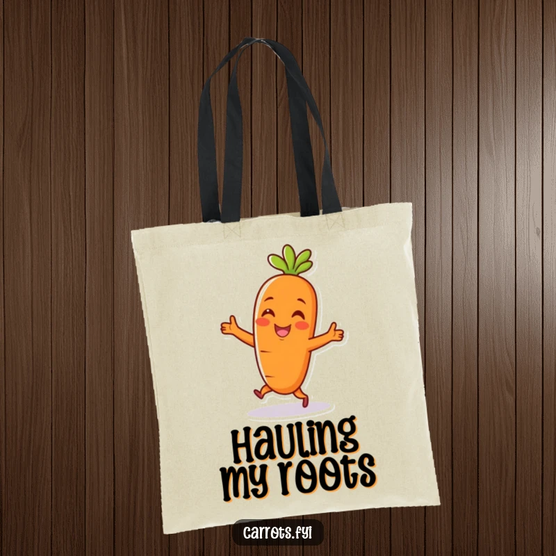Funny tote bag showcasing a cheerful carrot character in a happy dance, perfect for carrying essentials with a humorous flair.
