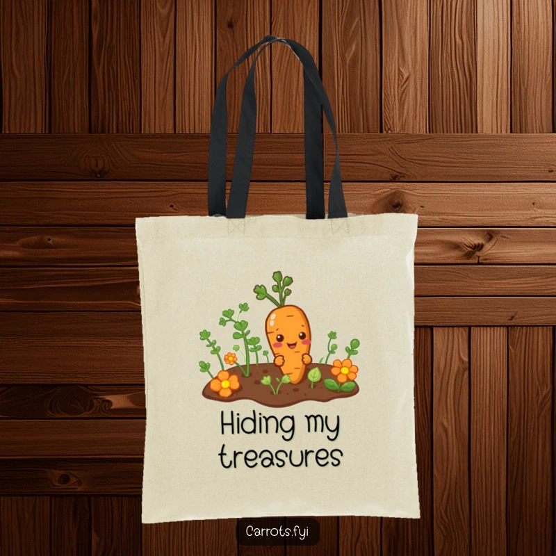 Funny tote bag illustrating a mischievous carrot character peeking from a garden patch, perfect for carrying everyday items with a smirk.