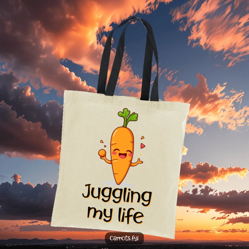 Funny tote bag displaying an anthropomorphic carrot character giggling while juggling its leafy green top, adding a humorous and practical element.