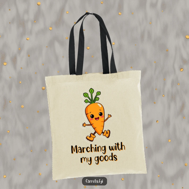 Funny tote bag designed with an anthropomorphic carrot character marching proudly in small boots, perfect for carrying items with a humorous, determined vibe.
