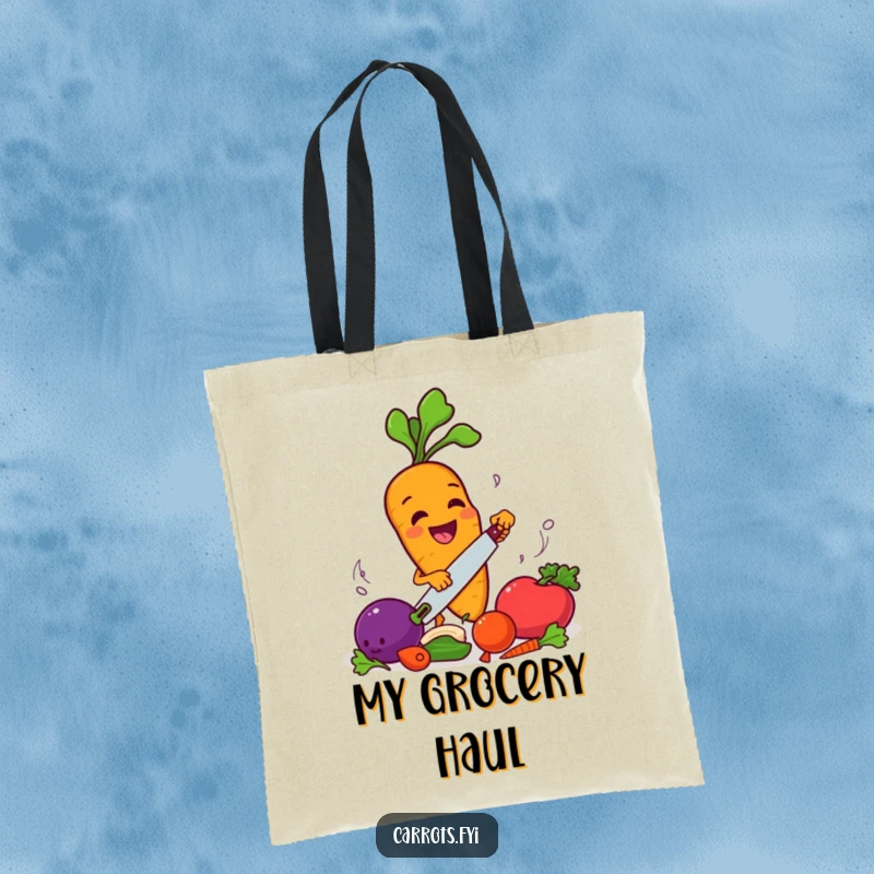 Funny carrot character smiling while chopping vegetables, a humorous and practical tote bag.